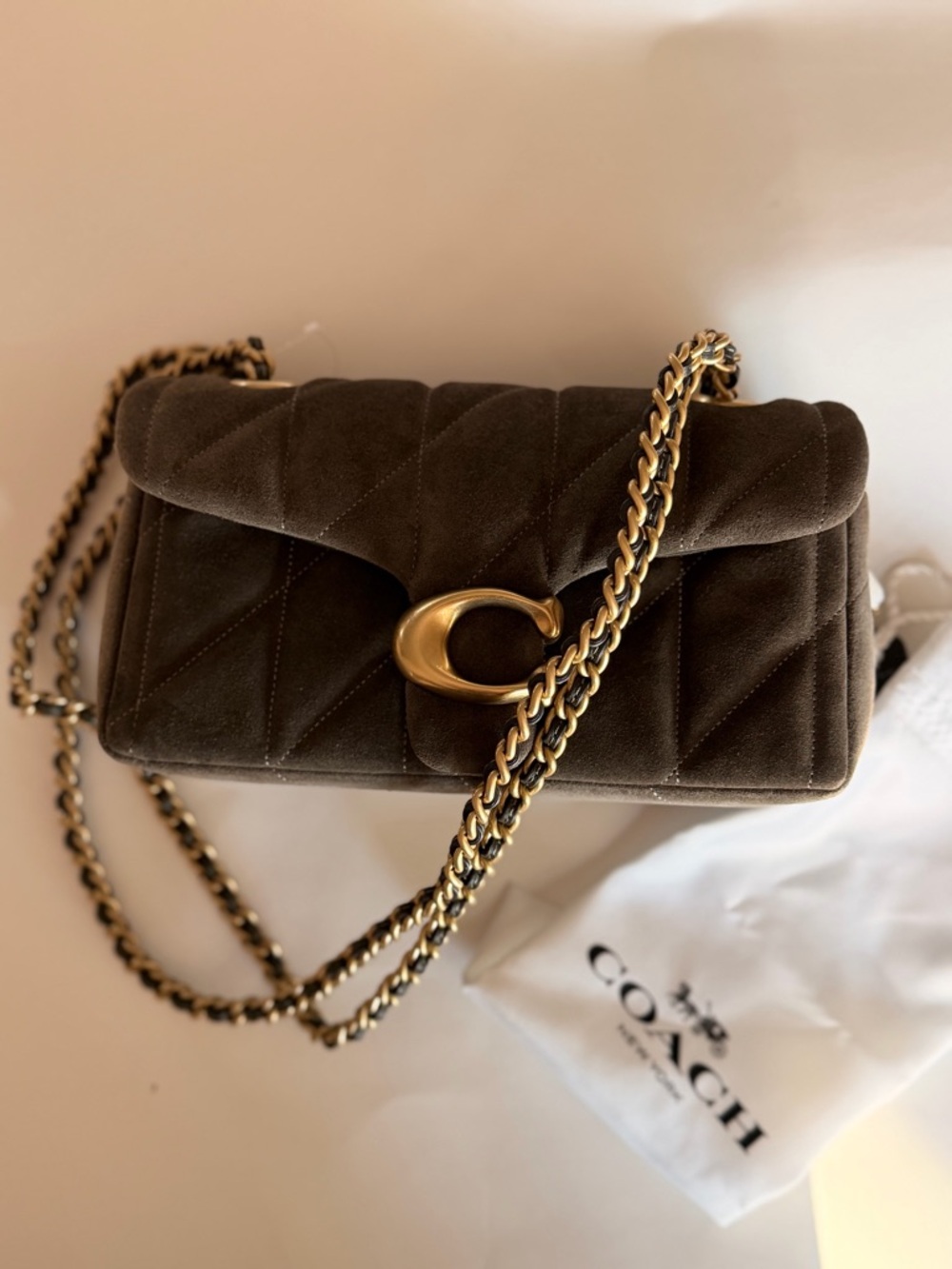 Coach Tabby 20 Quilted Olive Suede Shoulder Bag with Gold Chain